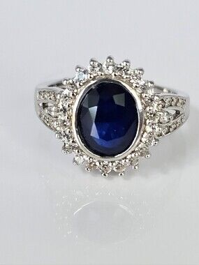 Genuine Tanzanian Blue Spinel and White Zircon Halo Ring in Platinum/925 Sz7
